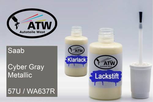 Saab, Cyber Gray Metallic, 57U / WA637R: 20ml Lackstift + 20ml Klarlack - Set, von ATW Autoteile West.